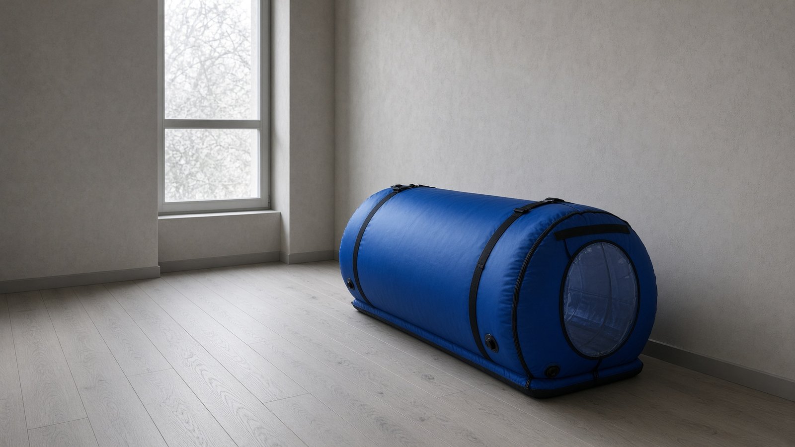A blue chamber on its frame by a window in a quiet room